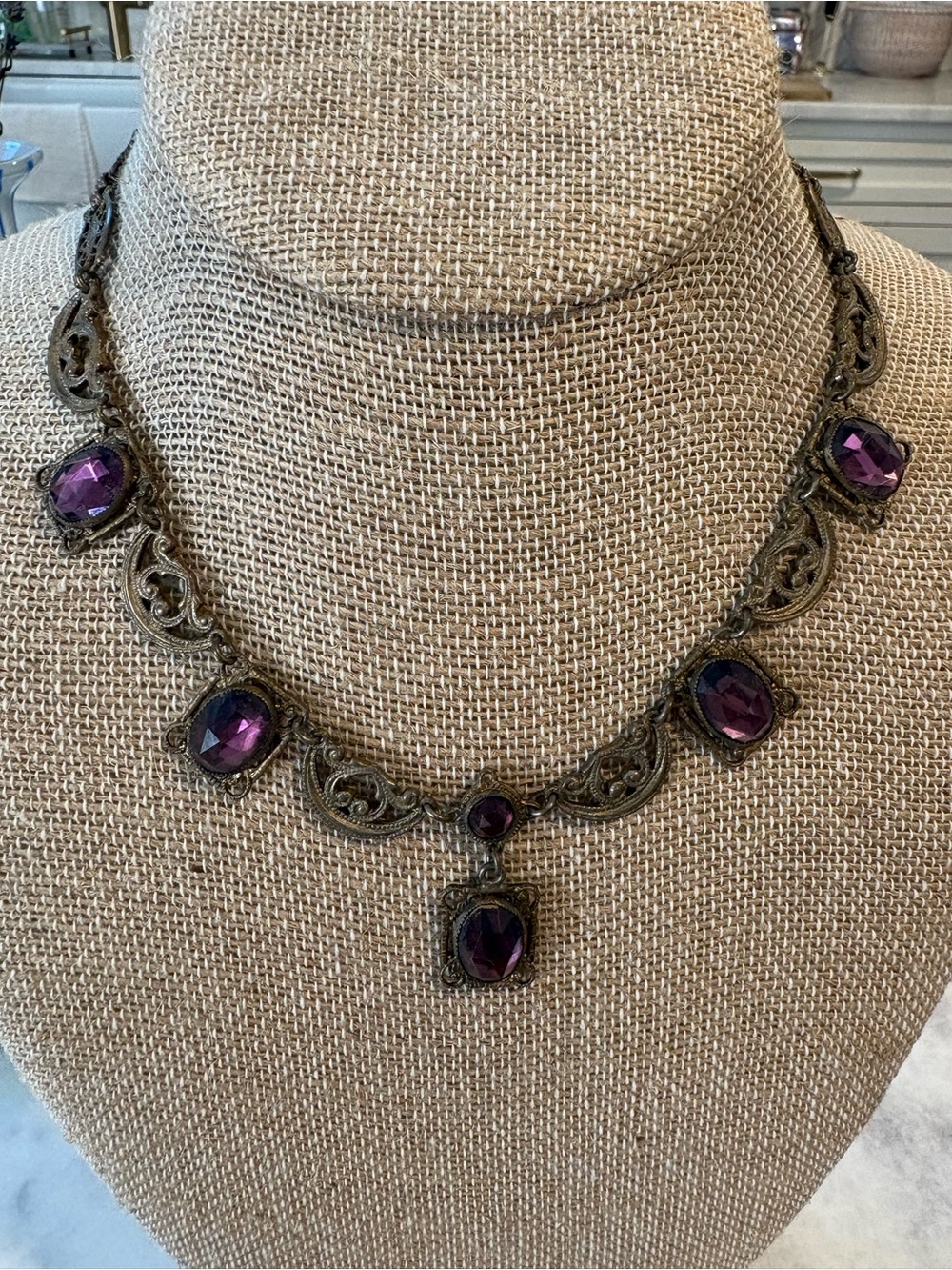 Gorgeous Art Deco Purple Glass and Antique Brass Filigree Necklace